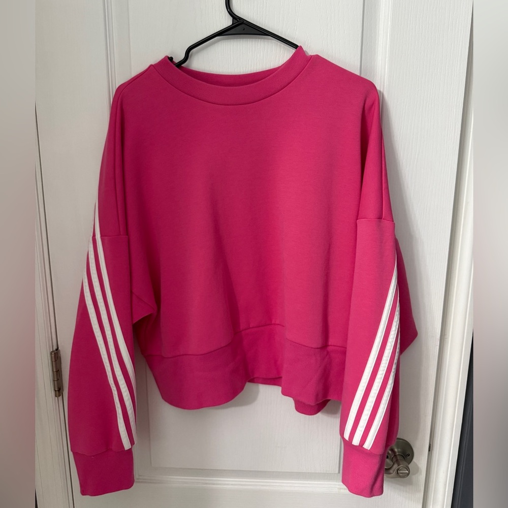 Adidas Bright Pink Hoodie with White Sleeve Stripes
